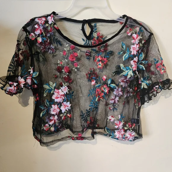💙 NWOT Ruffle Cuff Embroidery Sheer Top - Picture 5 of 9